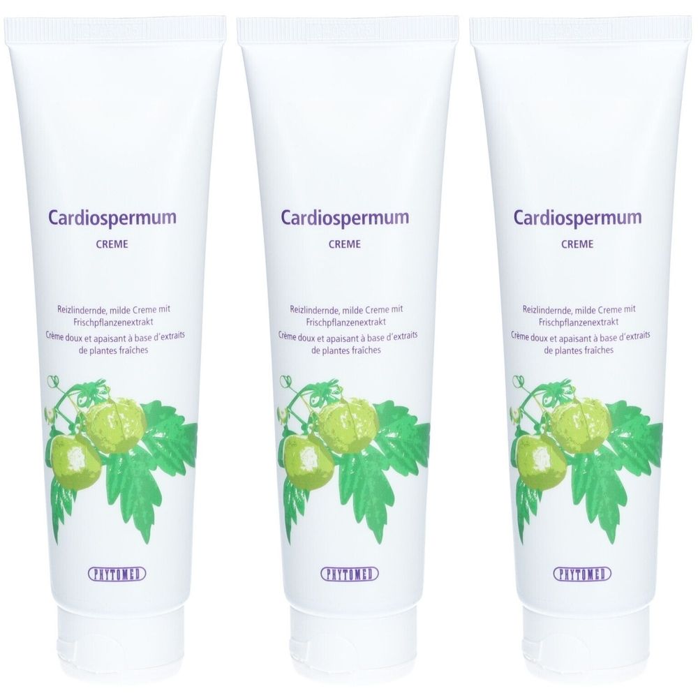 Trois tubes blancs de crème Cardiospermum, illustration de feuilles et de fruits. Texte en allemand et en français.