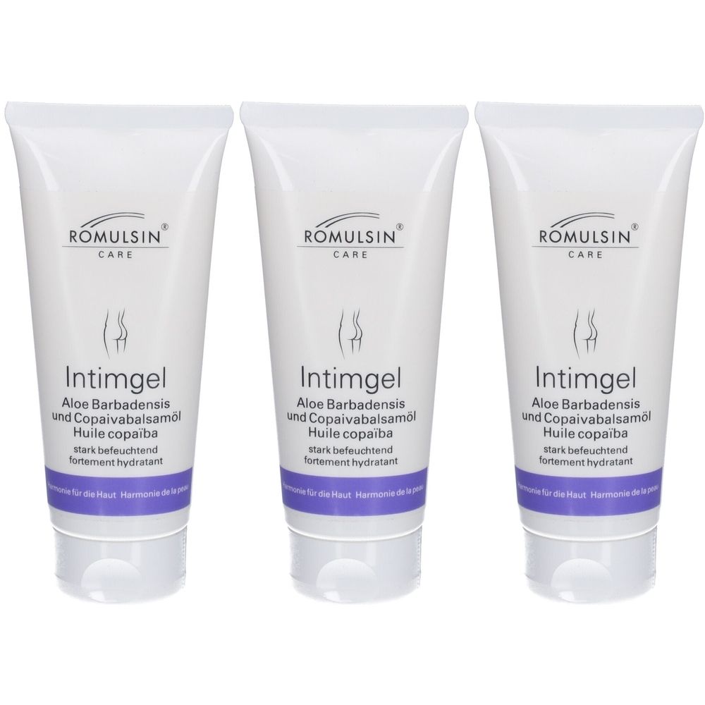 Drie tubes Intimgel. Opschrift: Romulsin Care, Intimgel, Aloe Barbadensis en Copaivabalsamöl. Sterk hydraterend. Witte tubes met paarse accenten.