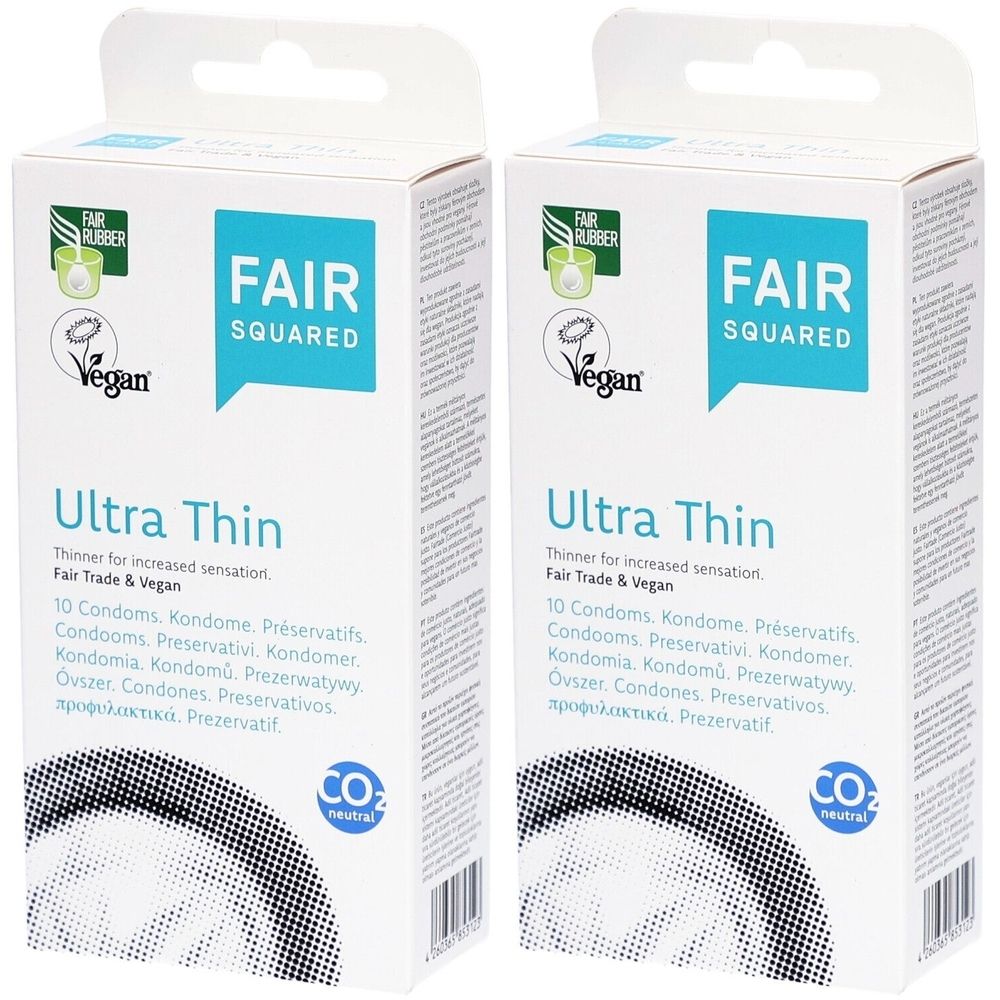 Twee verpakkingen condooms. Opschrift: FAIR SQUARED Ultra Thin, Fair Trade & Vegan. Met CO2-neutraal certificering en Vegan-logo.