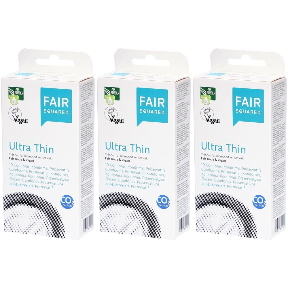 Drie dozen condooms. Opschrift: FAIR SQUARED Ultra Thin. Vegan-keurmerk. CO2-neutraal.