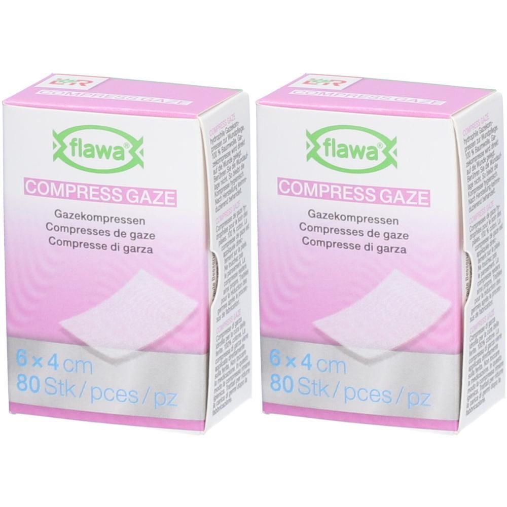 Twee dozen Flawa gaaskompressen, 6x4 cm, 80 stuks per doos.