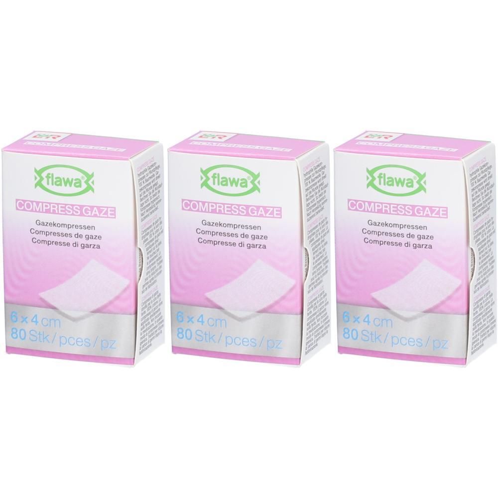 Drie pakken Flawa gaaskompressen 8x4 cm, 80 stuks per pak.