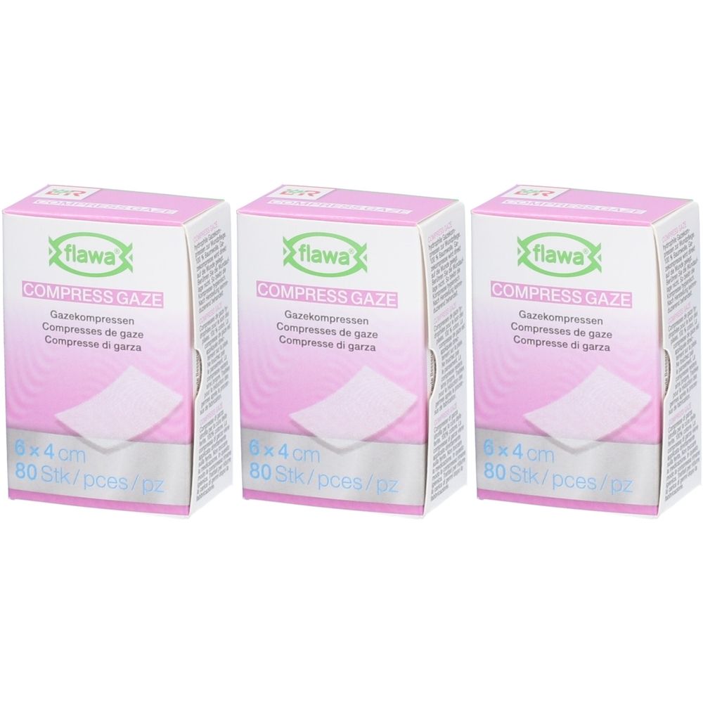 Drie pakken Flawa gaaskompressen 8x4 cm, 80 stuks per pak.