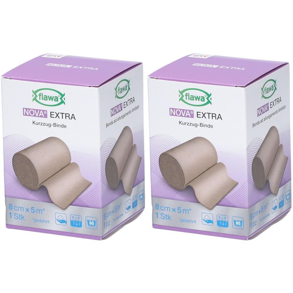 Deux paquets de bandages FLAWA Nova Extra à courte extension, 8cm x 5m.