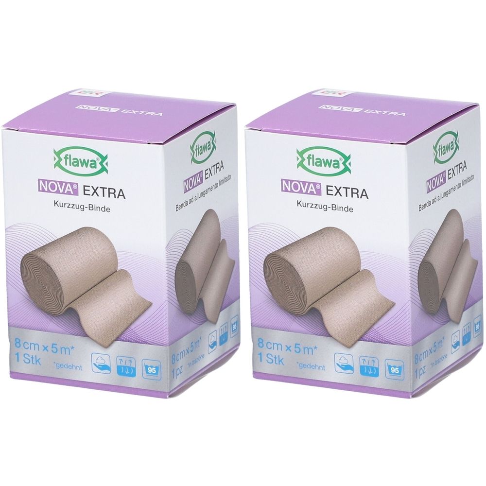 Deux paquets de bandages FLAWA Nova Extra à courte extension, 8cm x 5m.