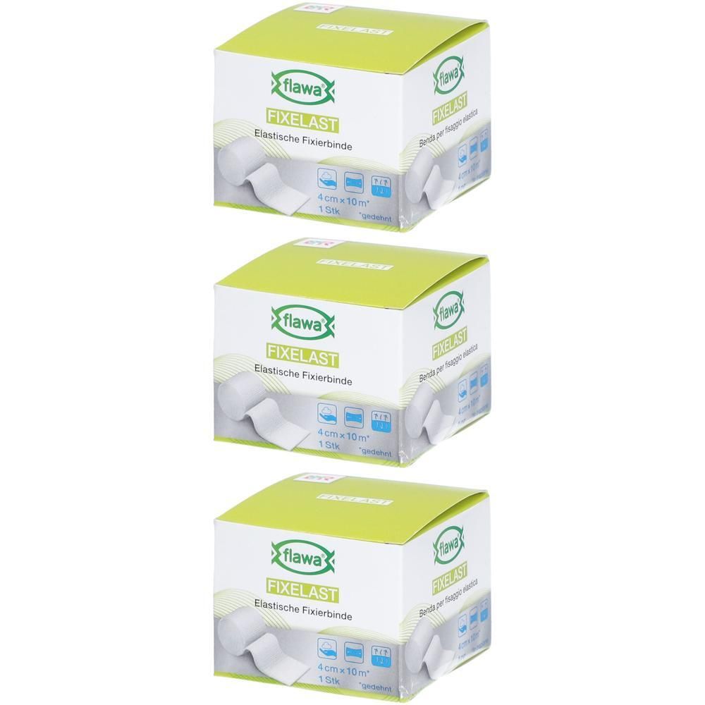 Drie dozen FLAWA Fixelast elastisch fixatiewindsel, 4 cm x 10 m. Groene en witte verpakking met productinformatie.