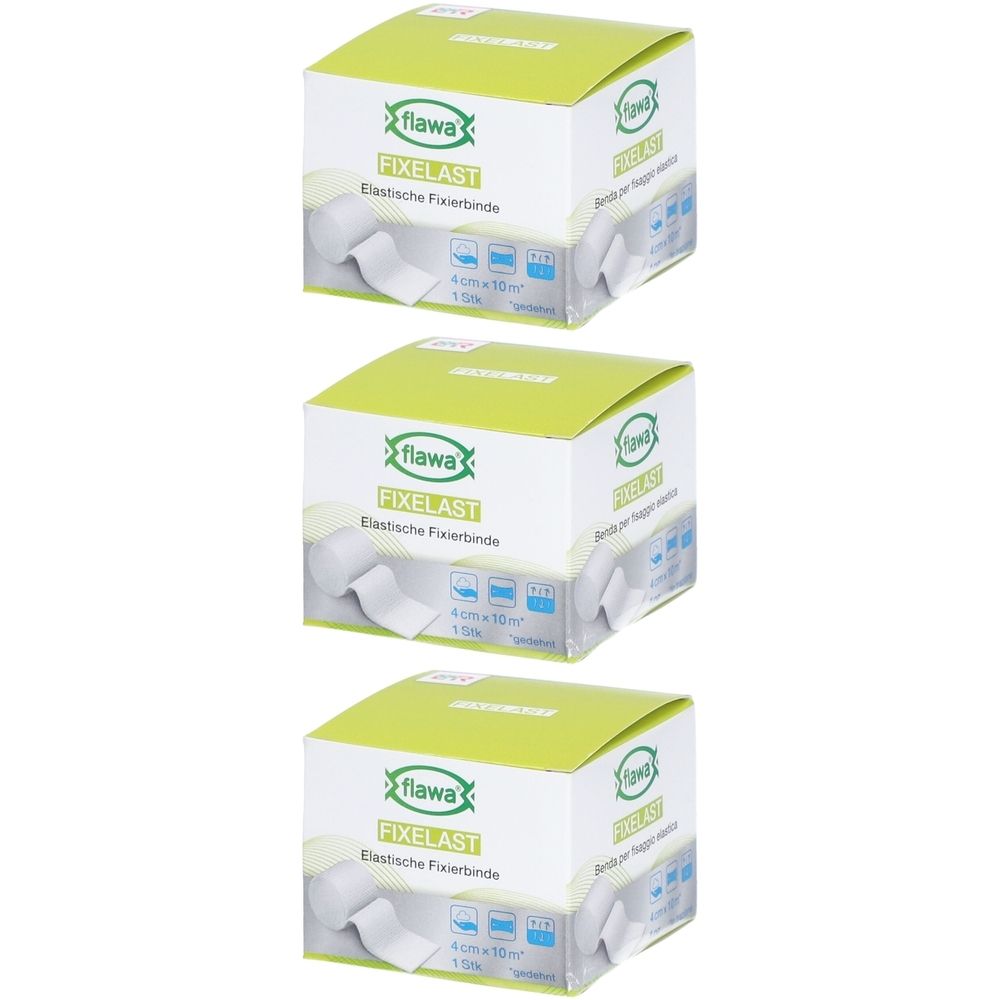 Drie dozen FLAWA Fixelast elastisch fixatiewindsel, 4 cm x 10 m. Groene en witte verpakking met productinformatie.