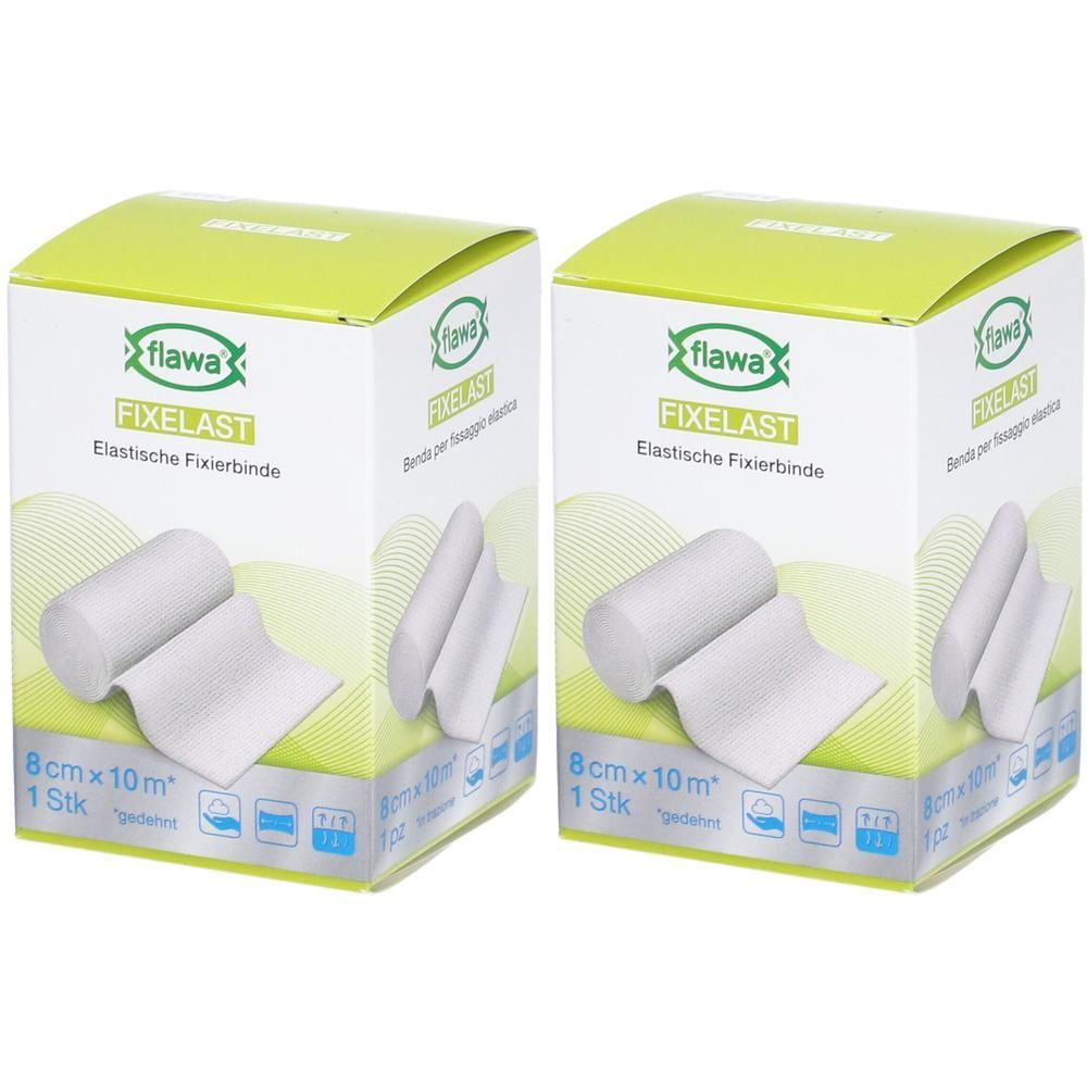 Deux paquets de bande de fixation élastique Flawa Fixelast, 8cm x 10m. Bandes blanches sur emballages en carton.
