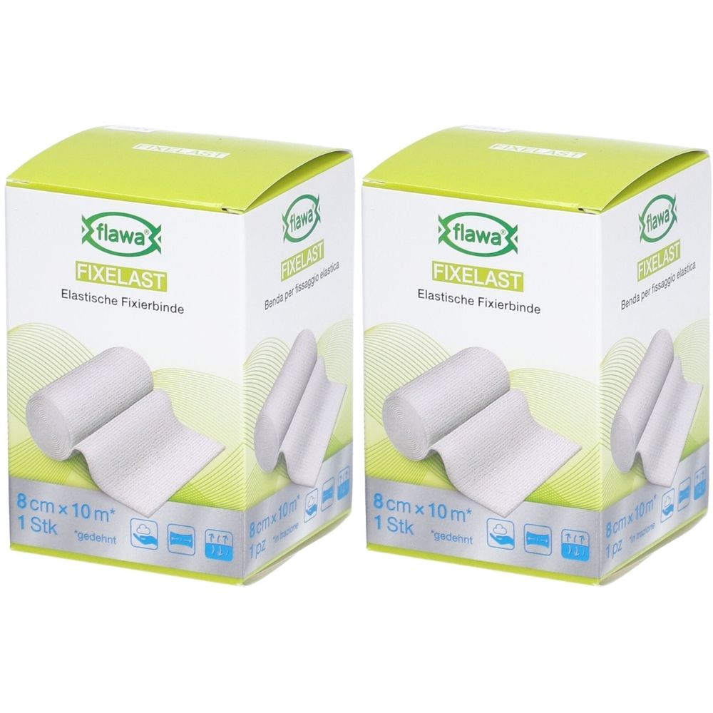 Deux paquets de bande de fixation élastique Flawa Fixelast, 8cm x 10m. Bandes blanches sur emballages en carton.