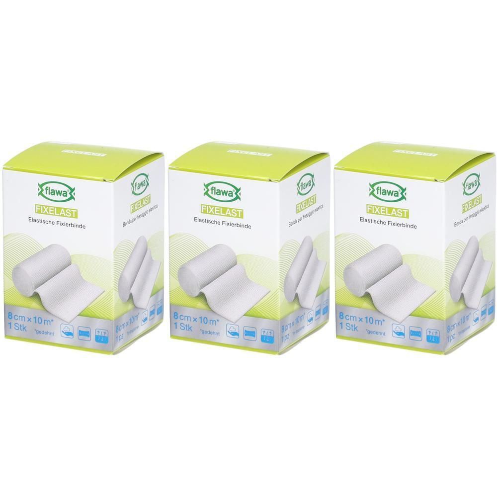 Drie verpakkingen Flawa Fixelast elastische fixeerbinde, 8cm x 10m.
