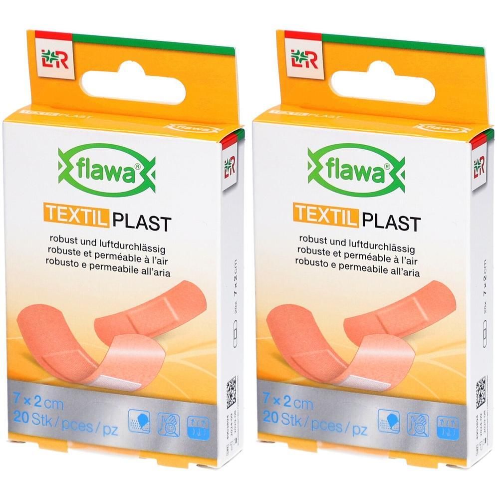 Twee pakken FLAWA Textil Plast pleisters, 20 stuks per stuk, 7x2 cm.