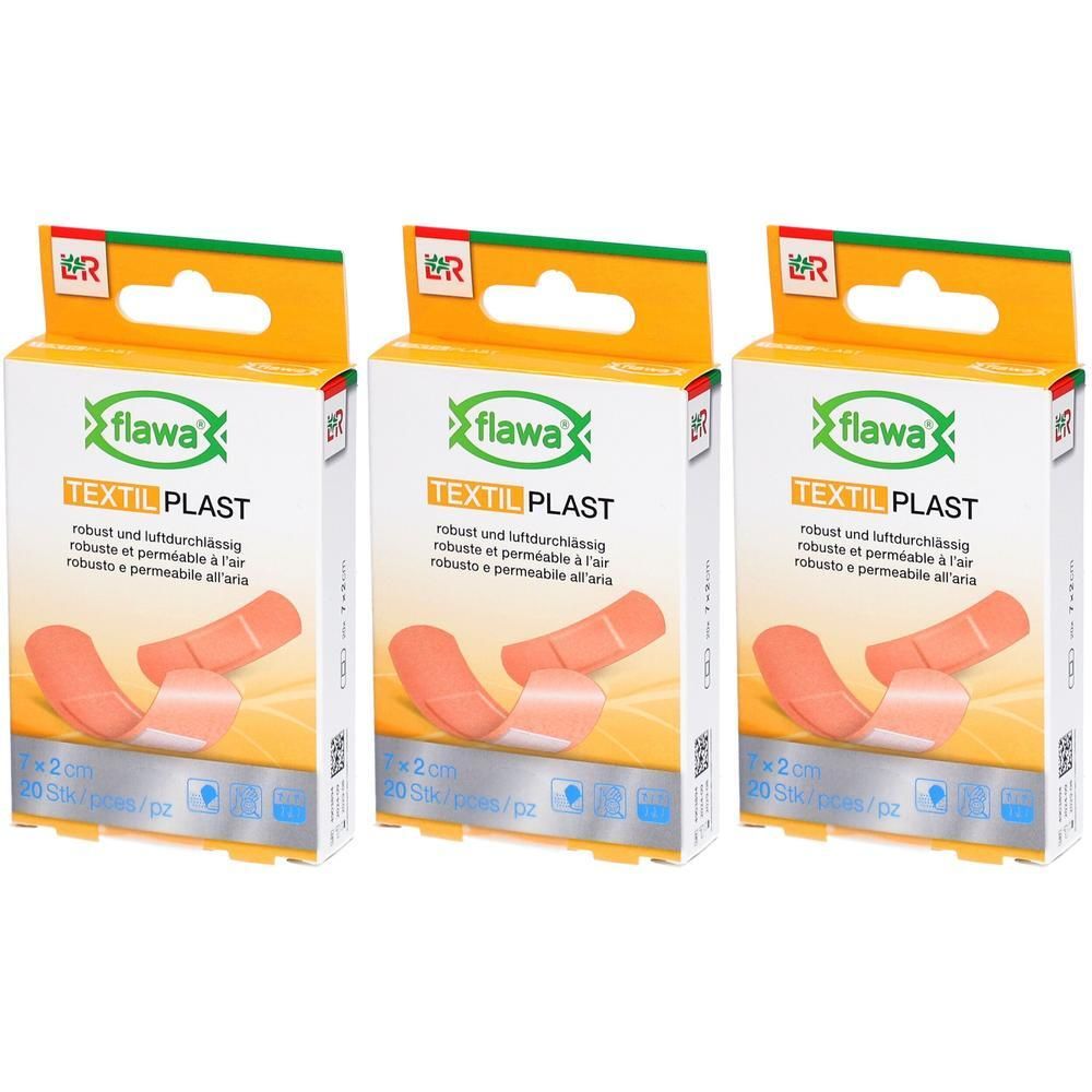Drie pakken FLAWA Textil Plast pleisters, elk 20 stuks, 2 cm x 7 cm.