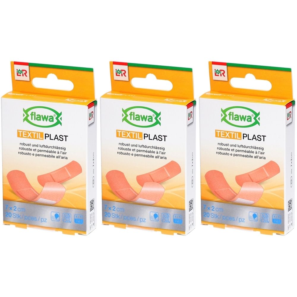 Trois paquets de pansements FLAWA Textil Plast, 20 pièces chacun, 2 cm x 7 cm.