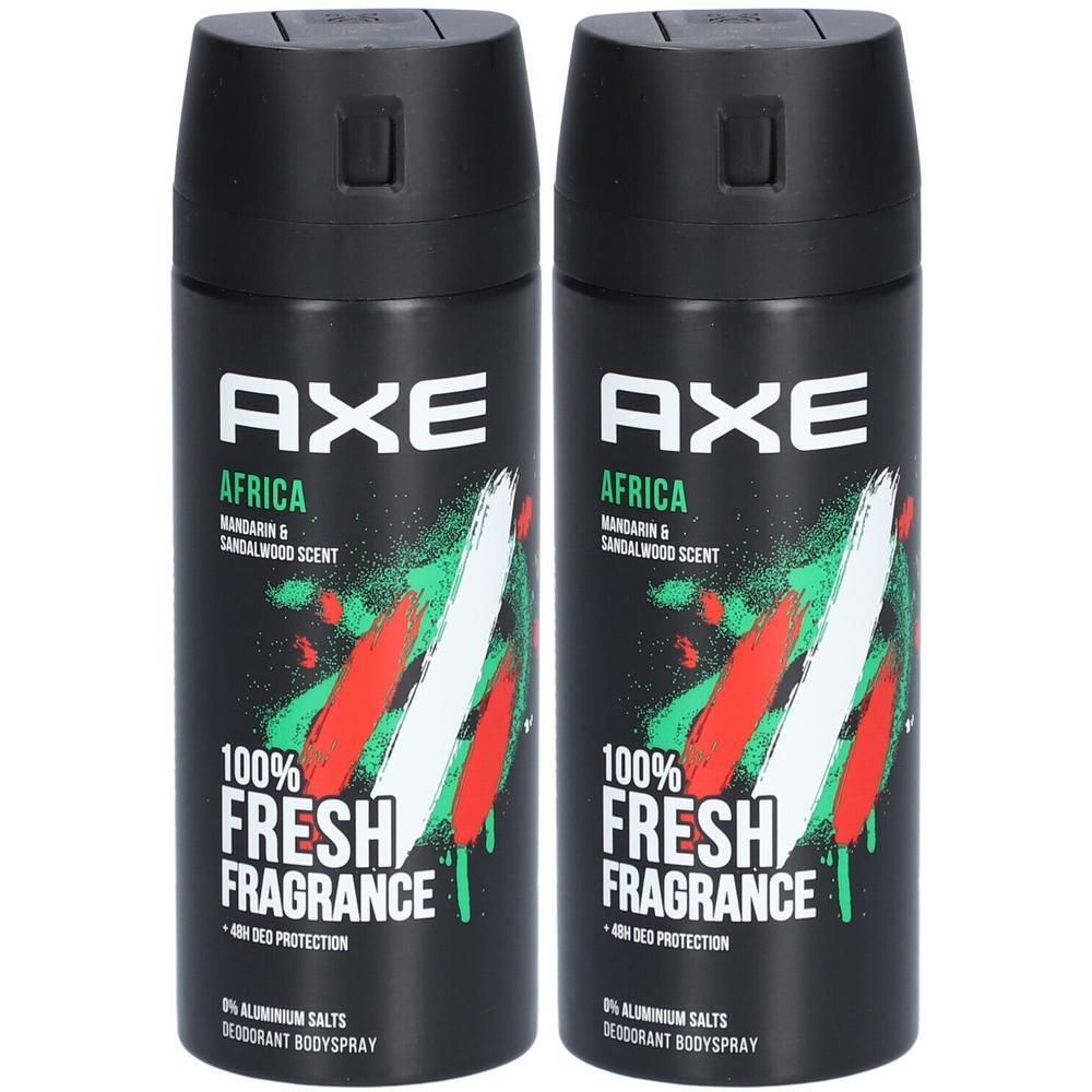 Twee zwarte deodorant sprays met wit AXE logo en « Africa » tekst. Groen, rood en wit design. « 100% Fresh Fragrance ».