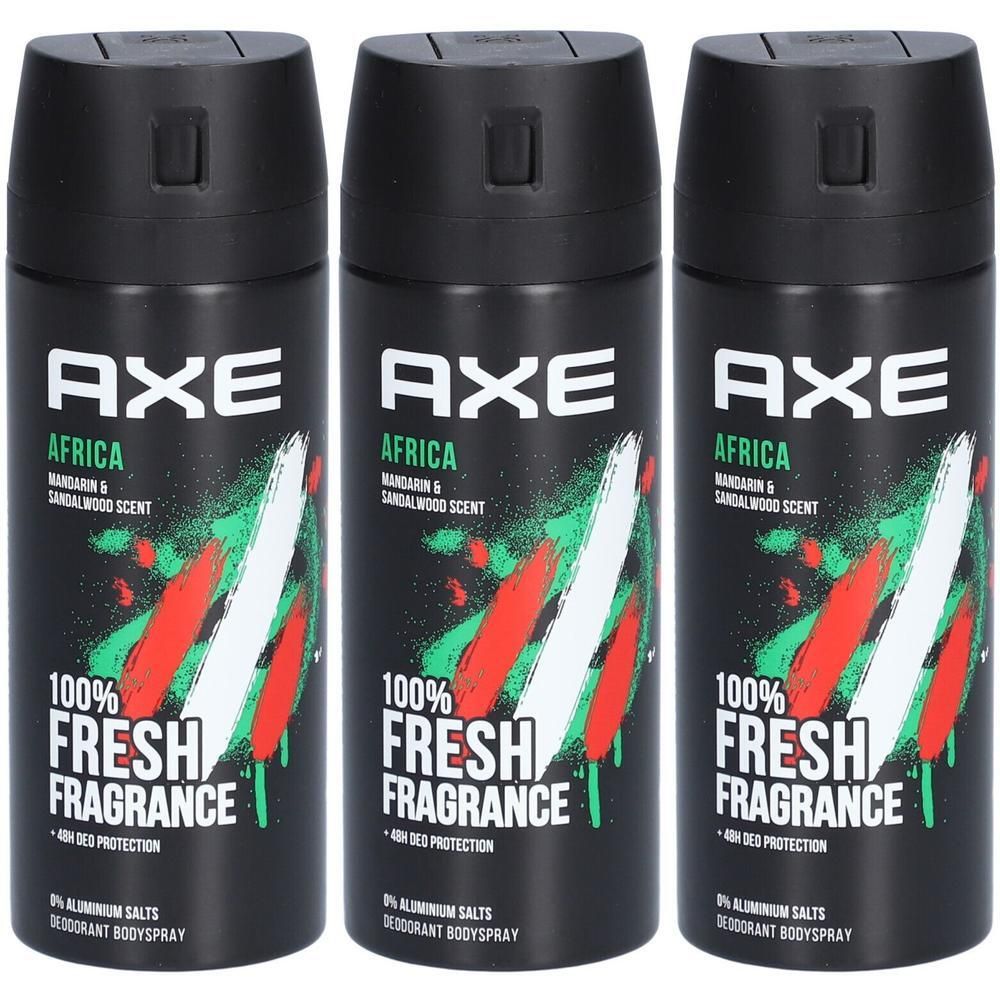 Drie zwarte deodorant sprays. Wit AXE logo, groen en rood design. Tekst: Africa, 100% Fresh Fragrance.