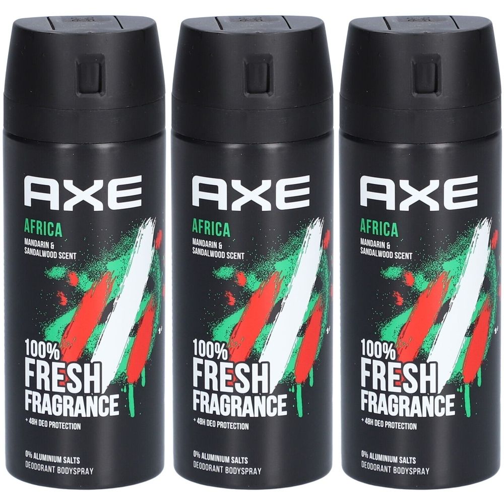 Drie zwarte deodorant sprays. Wit AXE logo, groen en rood design. Tekst: Africa, 100% Fresh Fragrance.