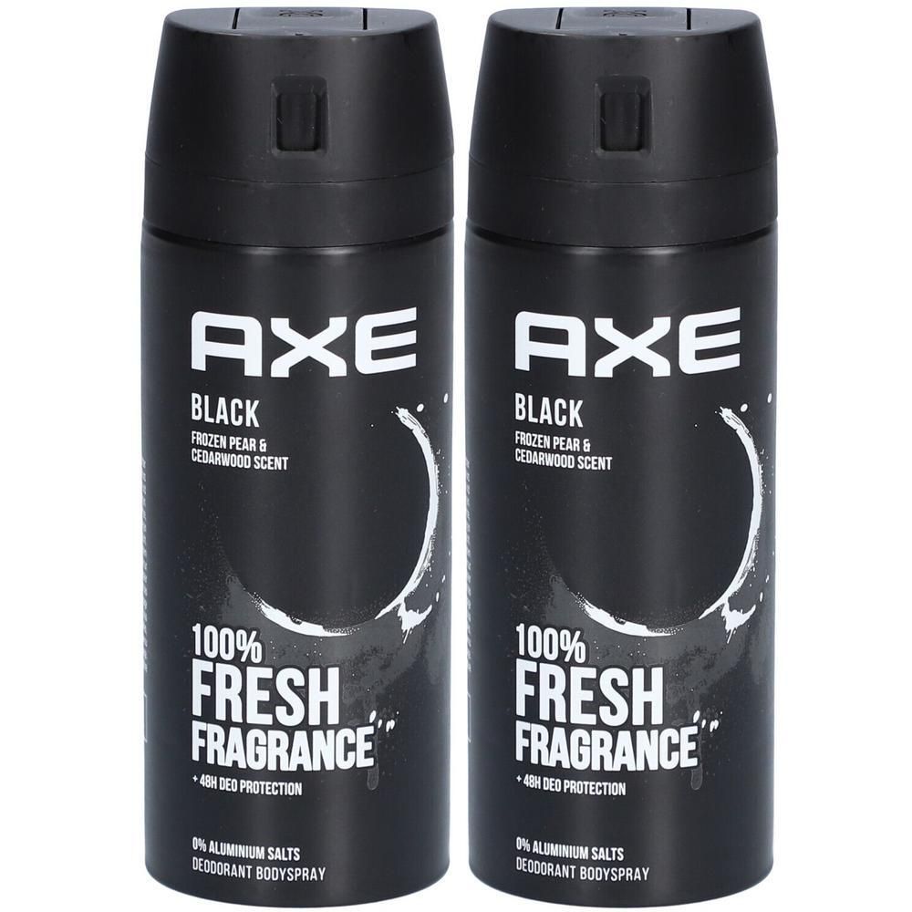 Deux sprays déodorants noirs avec logo AXE et texte "Black". Contient "Frozen Pear & Cedarwood Scent". "100% Fresh Fragrance".