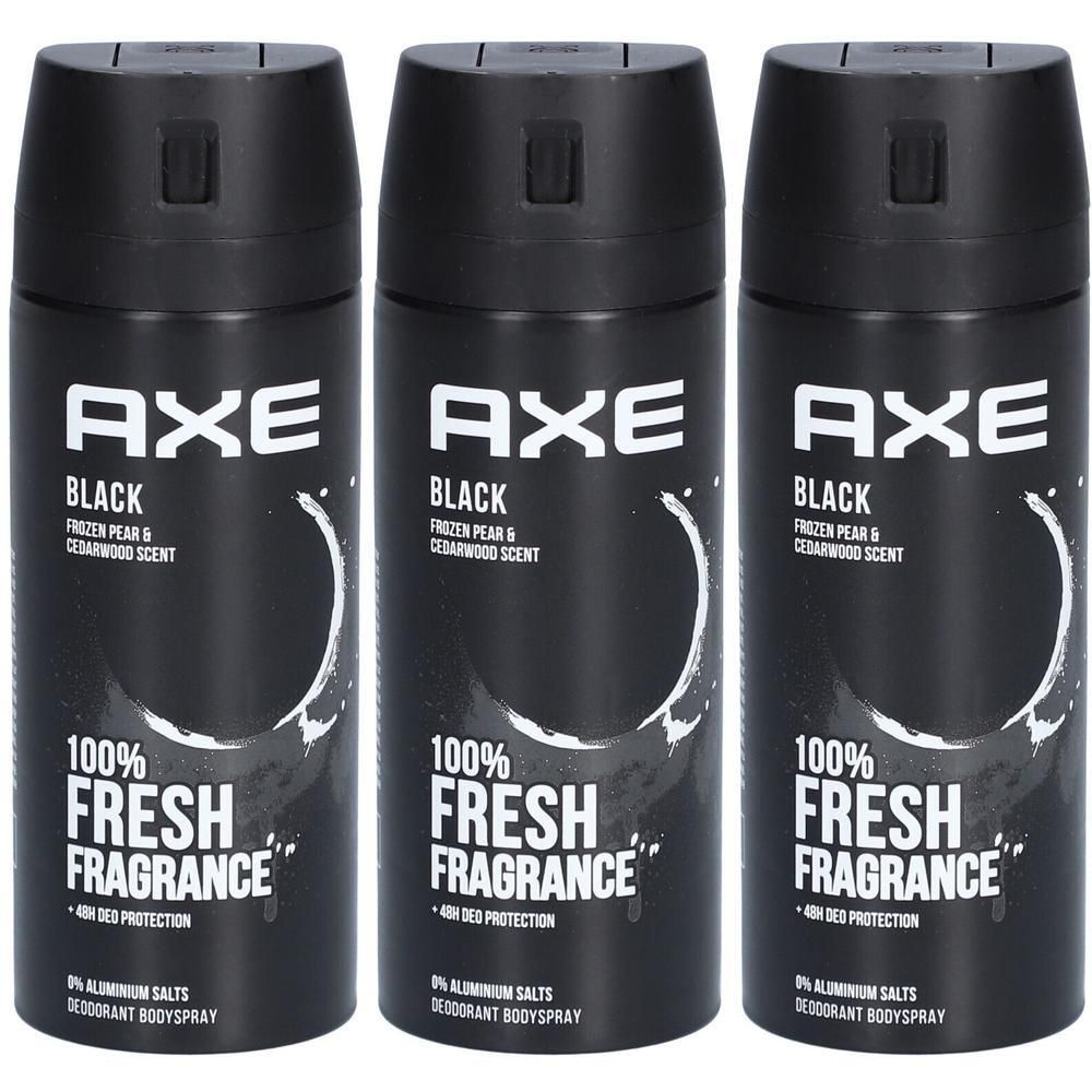 Drie zwarte deodorant sprays met zwarte dop. Opschrift: AXE Black, 100% Fresh Fragrance, 48u bescherming. Zonder aluminiumzouten.