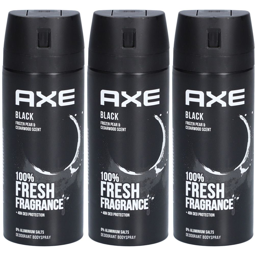 Trois aérosols noirs avec bouchons noirs. Inscription: AXE Black, 100% Fresh Fragrance, protection 48h. Sans sels d'aluminium.