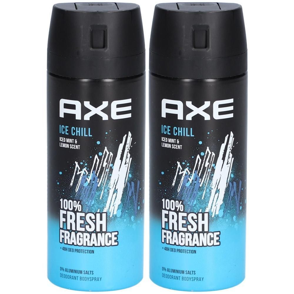 Deux déodorants en spray noirs. Inscription: AXE Ice Chill, 100% Fresh Fragrance. Graphique bleu et blanc.