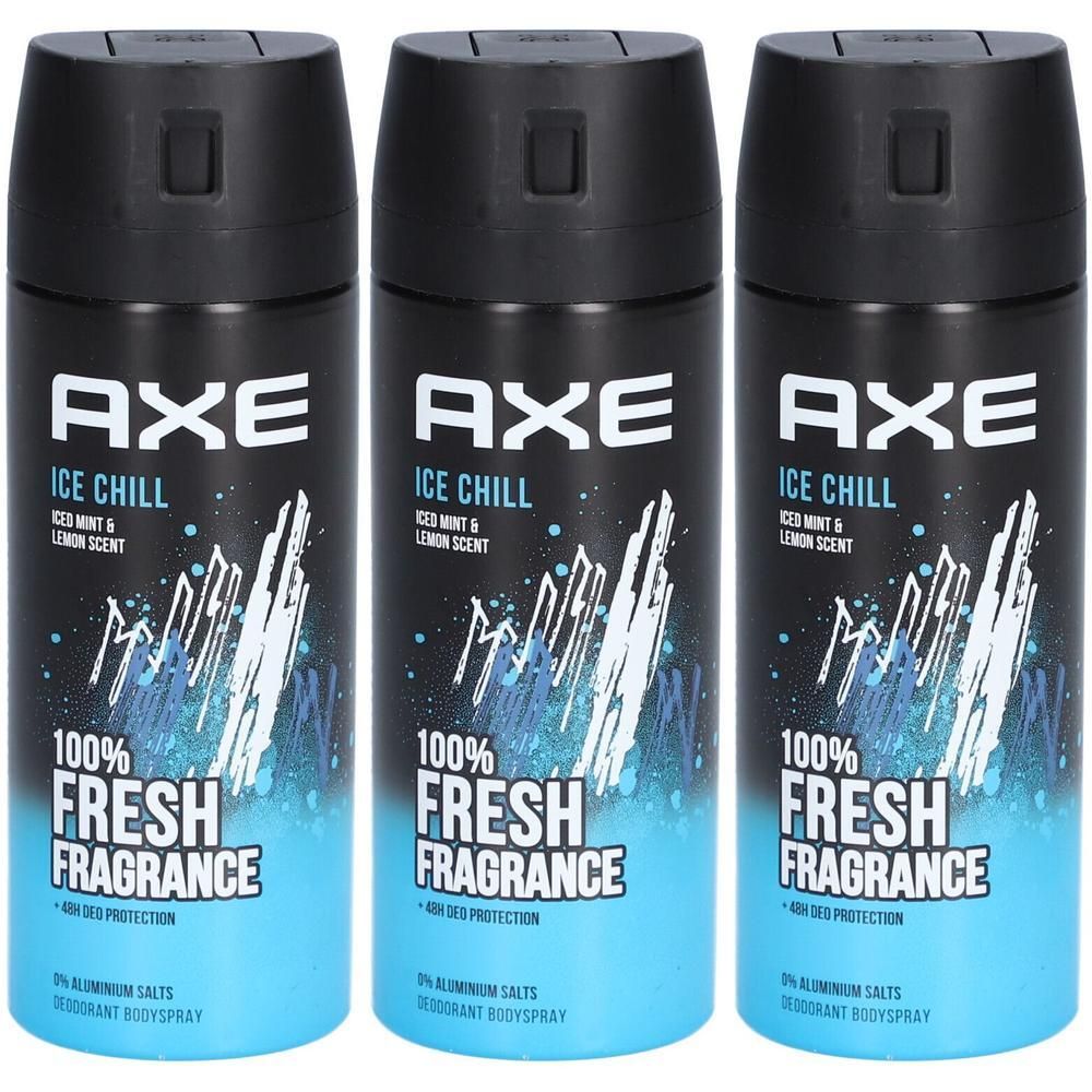 Drie AXE Ice Chill deodorantsprays. Zwarte dop, blauwe basis, witte tekst. "100% Fresh Fragrance".