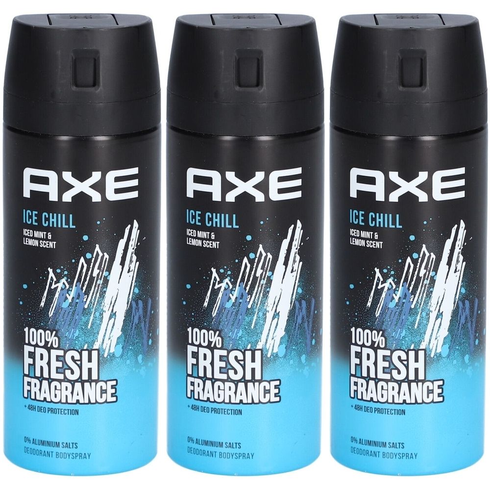 Trois déodorants AXE Ice Chill. Bouchon noir, base bleue, texte blanc. "100% Fresh Fragrance".