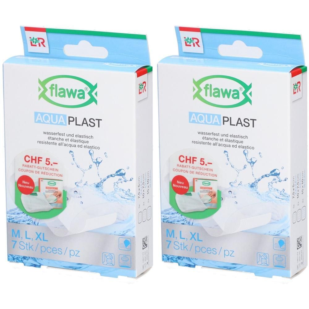 Twee pakken Flawa Aqua Plast pleisters, waterbestendig en elastisch, maat M, L, XL, 7 stuks per pak.