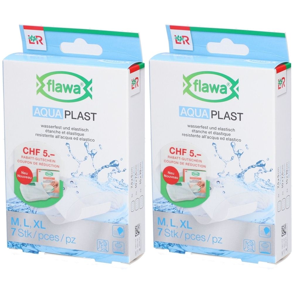 Twee pakken Flawa Aqua Plast pleisters, waterbestendig en elastisch, maat M, L, XL, 7 stuks per pak.