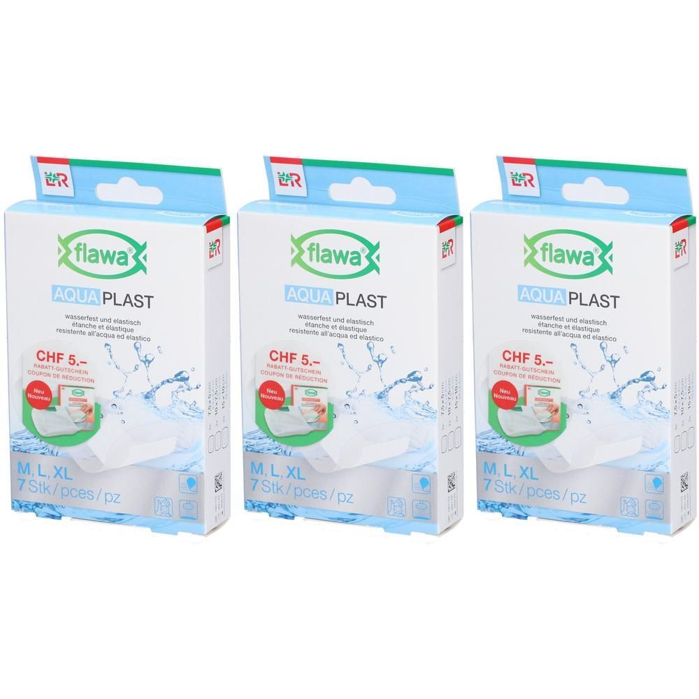 Drie pakken Flawa Aqua Plast pleisters, waterdicht en ademend. Maten M, L, XL. 7 stuks per pak.