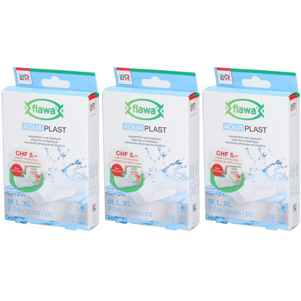 Trois paquets de pansements Flawa Aqua Plast, imperméables et respirants. Tailles M, L, XL. 7 pièces par paquet.