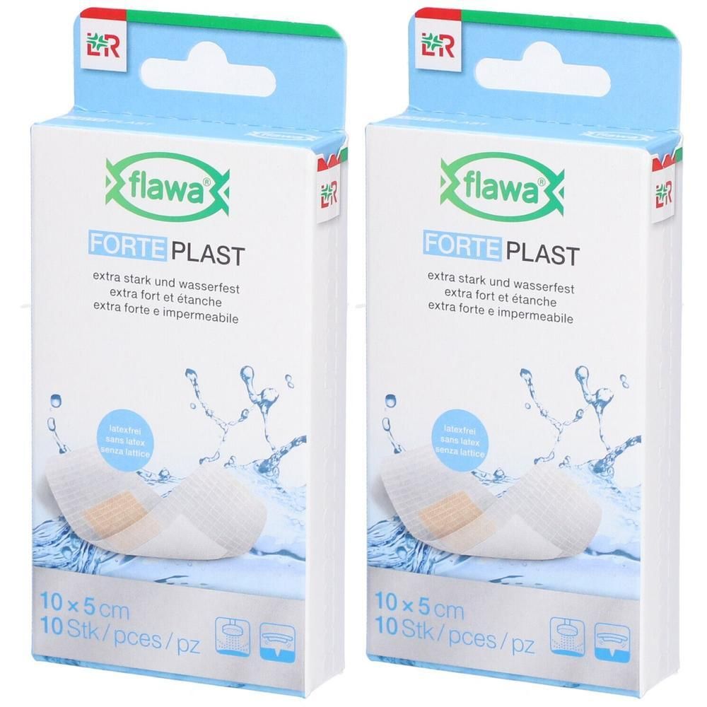 Twee pakken Flawa Forte Plast pleisters, 10x5cm, extra sterk en waterdicht.