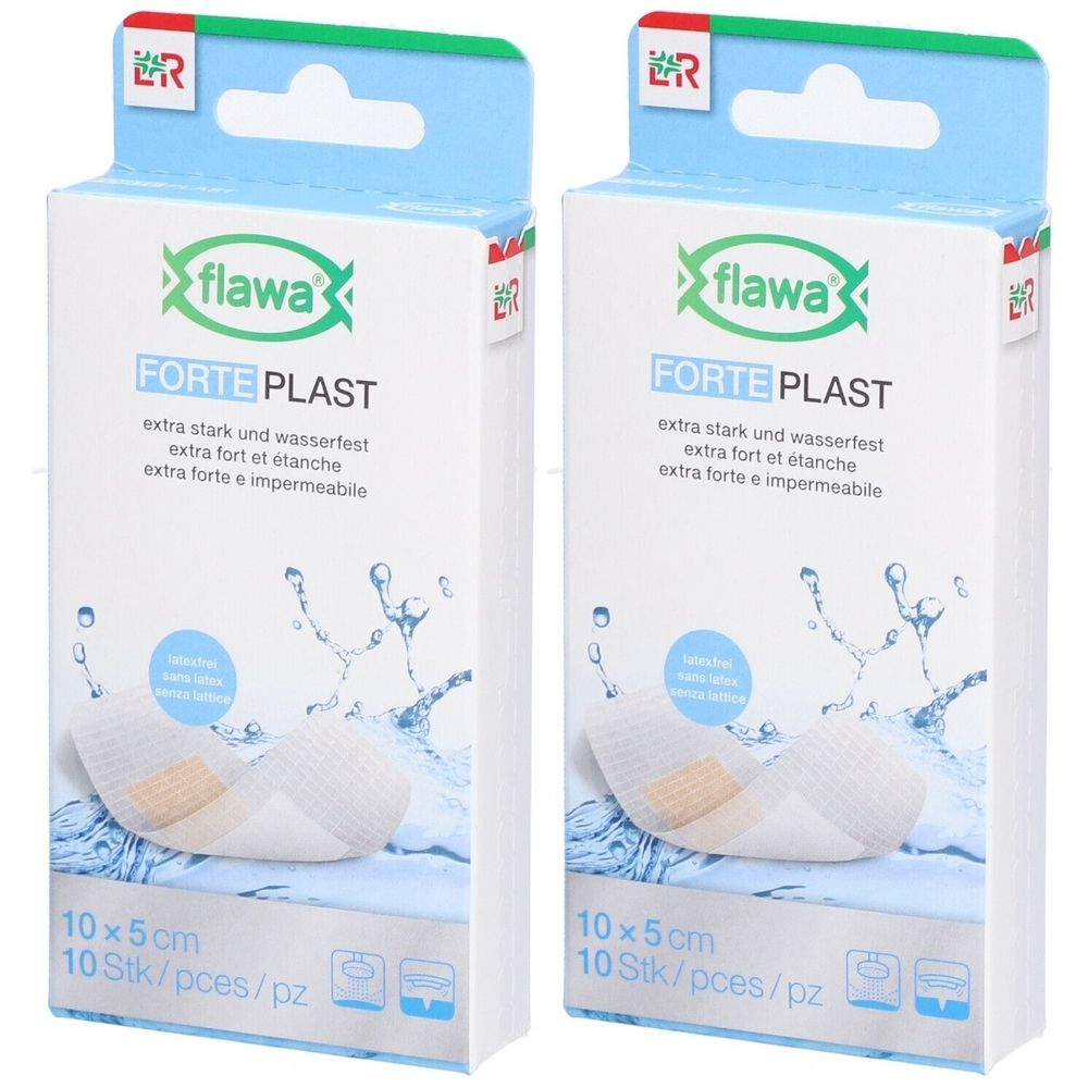 Deux paquets de pansements Flawa Forte Plast, 10x5cm, extra résistants et imperméables.