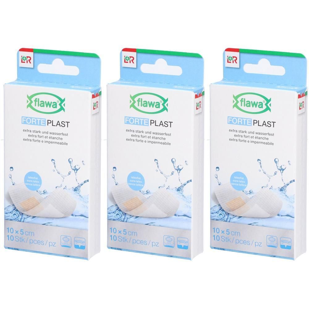 Drie pakken Flawa Forte Plast pleisters, 10 stuks van 10x5cm, extra sterk en waterdicht.