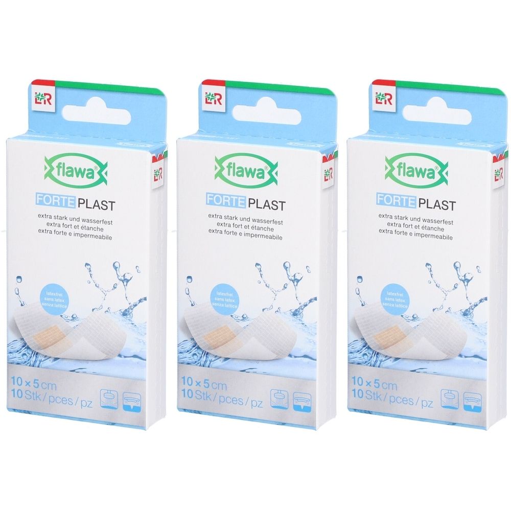 Trois paquets de pansements Flawa Forte Plast, 10 pièces de 10x5cm, extra résistants et imperméables.