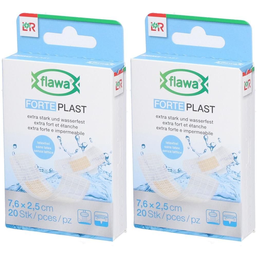Twee pakken Flawa Forte Plast pleisters, 7,6x2,5cm, 20 stuks per pak, extra sterk en waterdicht.