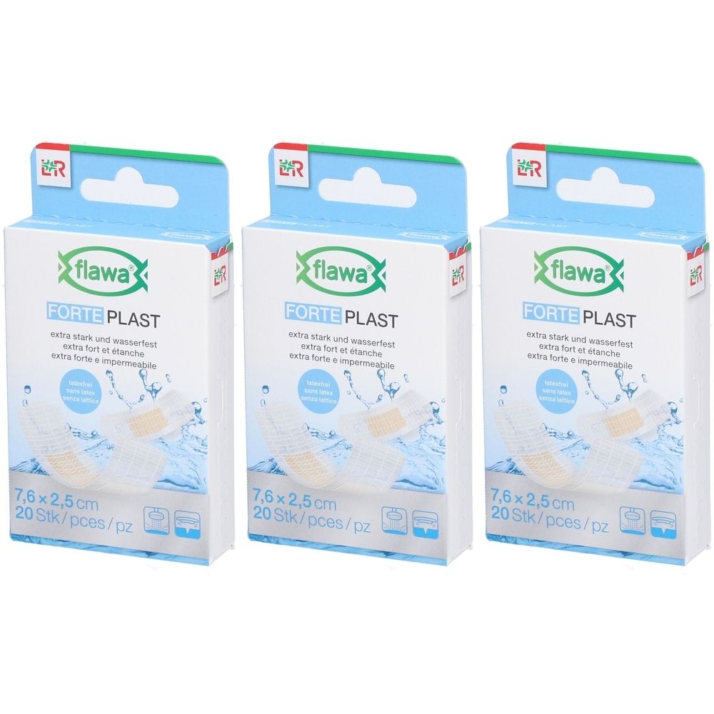 Drie pakken Flawa Forte Plast pleisters, 7,6x2,5cm, 20 stuks per pak, extra sterk en waterdicht.