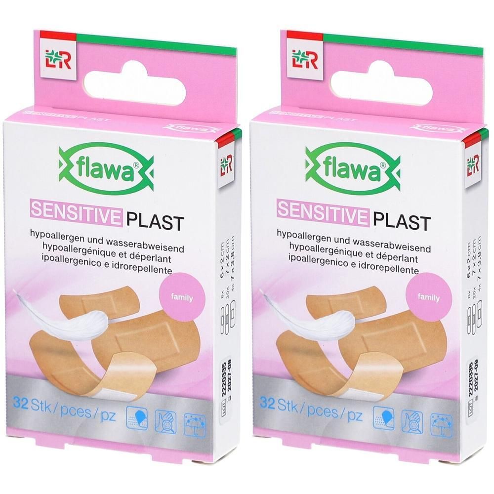Deux paquets de pansements FLAWA Sensitive Plast, 32 pièces par paquet. Hypoallergénique et résistant à l'eau.