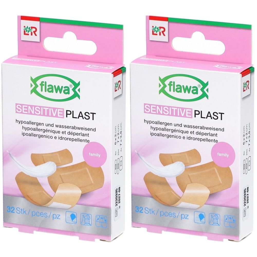 Deux paquets de pansements FLAWA Sensitive Plast, 32 pièces par paquet. Hypoallergénique et résistant à l'eau.