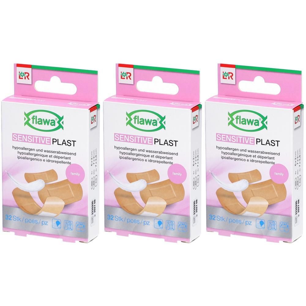 Drie pakken FLAWA Sensitive Plast pleisters, huidkleurig, hypoallergeen en waterbestendig.