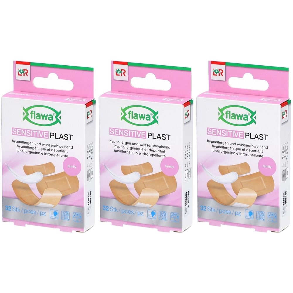 Trois paquets de pansements FLAWA Sensitive Plast, couleur chair, hypoallergéniques et résistants à l'eau.