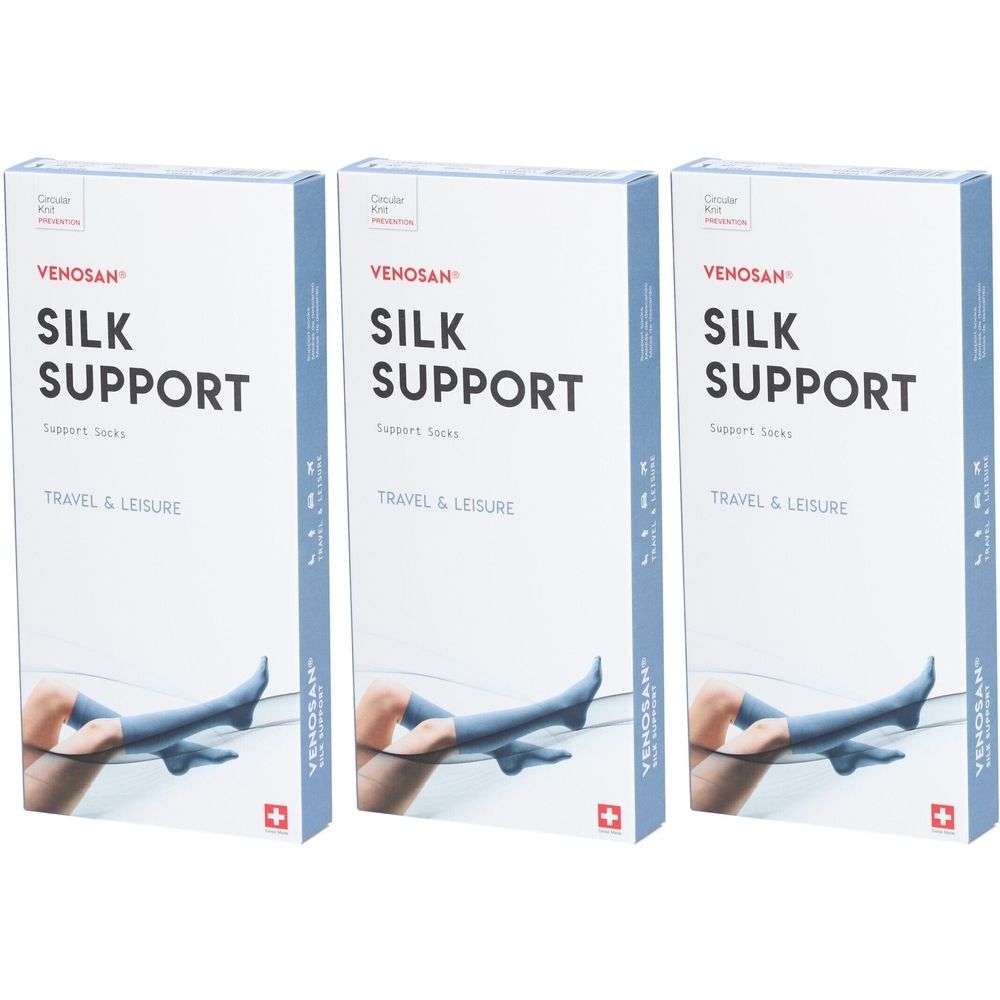 Drie dozen met VENOSAN SILK SUPPORT. Afgebeelde steunkousen. Zwitsers kruis.