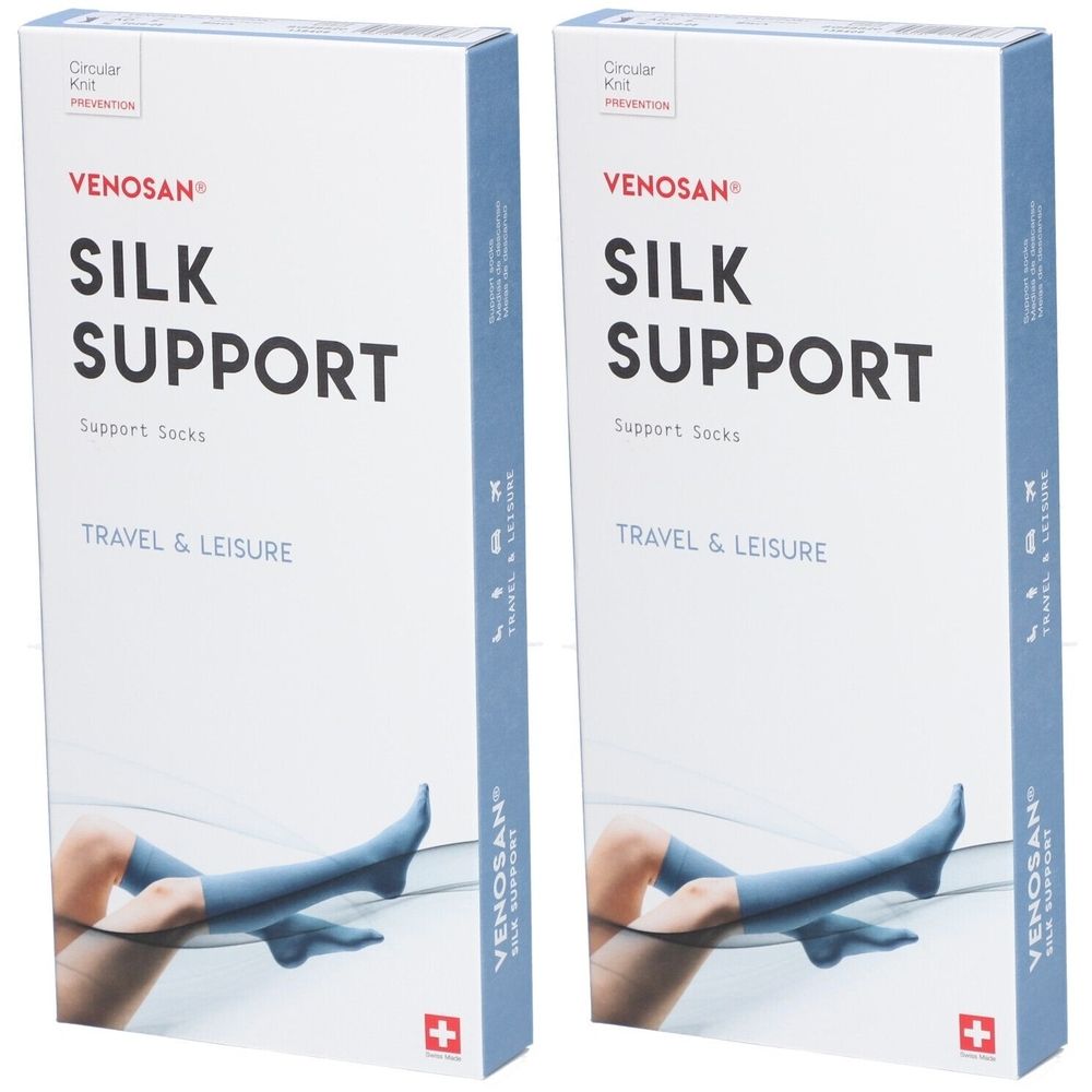 Twee dozen VENOSAN SILK SUPPORT steunkousen. Opschrift: TRAVEL & LEISURE. Zwitsers kruis.