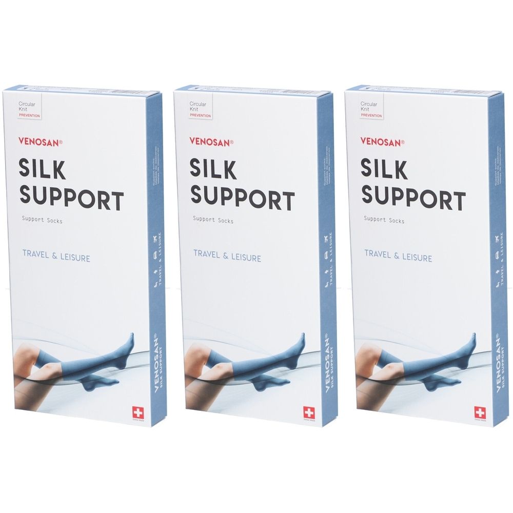 Drie dozen met de tekst "VENOSAN SILK SUPPORT". Afgebeeld zijn steunkousen. Zwitsers kruis.