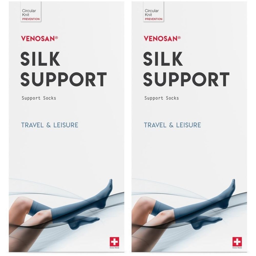 Verpakking met VENOSAN Silk Support kousen. Tekst: Silk Support, Travel & Leisure. Zwitsers kruis.