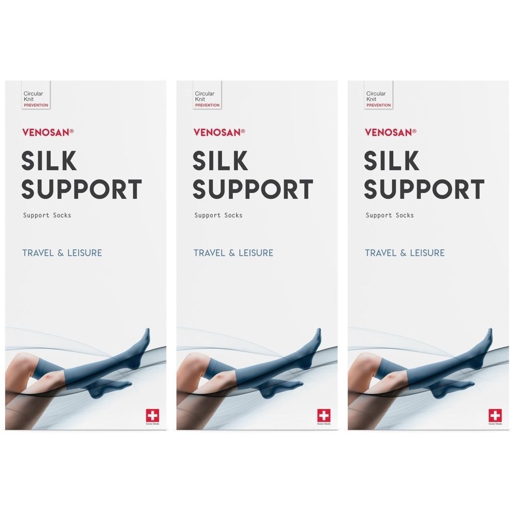 Drie verpakkingen VENOSAN Silk Support kousen. Op elke verpakking: merk, productnaam, producttype, Zwitsers kruis en afbeelding van een been met kous.