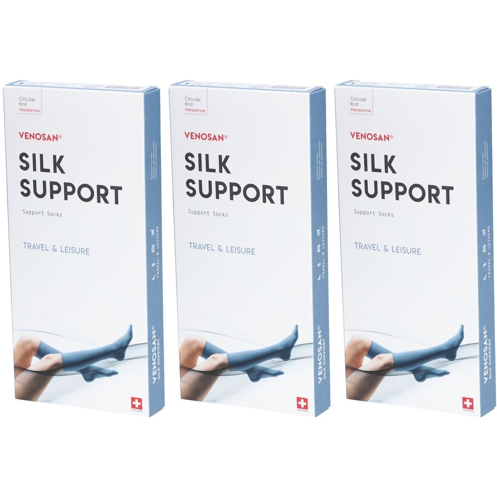 Trois boîtes de bas VENOSAN SILK SUPPORT. Inscription: TRAVEL & LEISURE. Croix suisse.