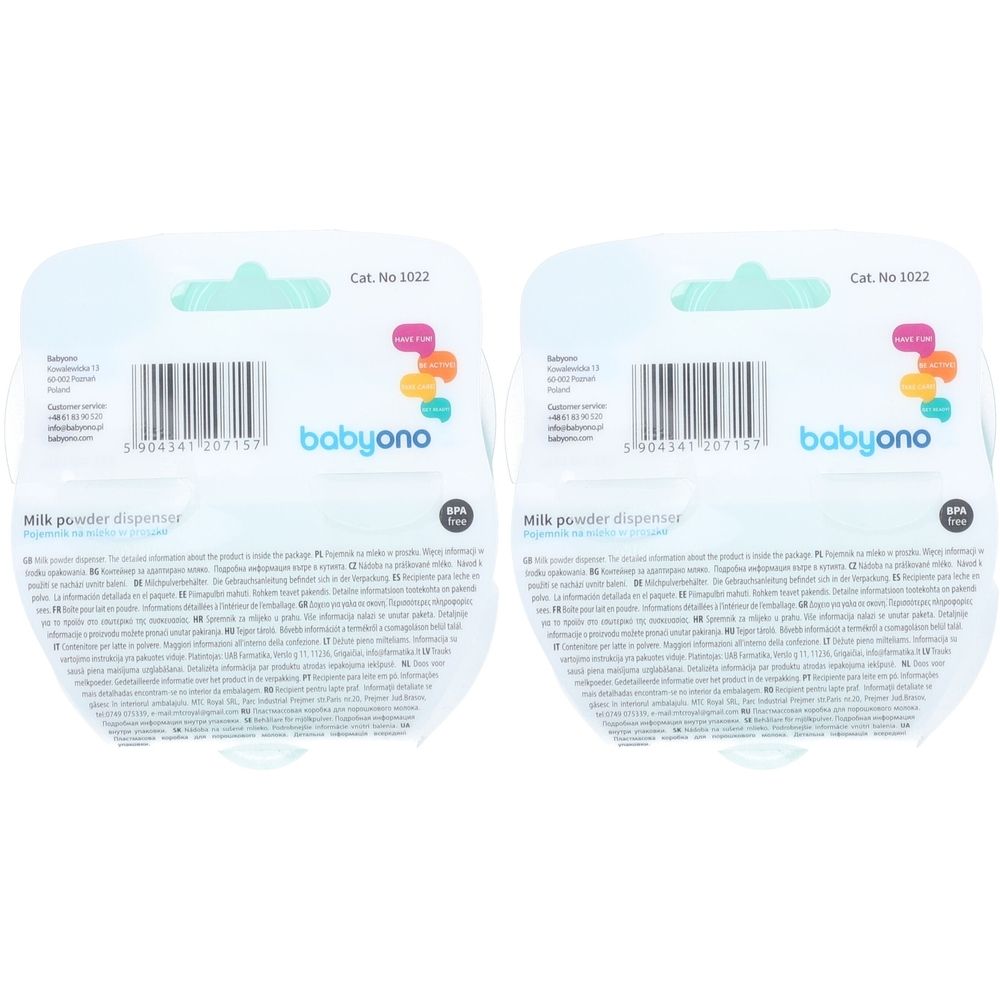 Deux emballages de distributeurs de poudre Babyono. Emballage blanc avec code-barres, nom du produit et logo. Inscription : Milk powder dispenser.