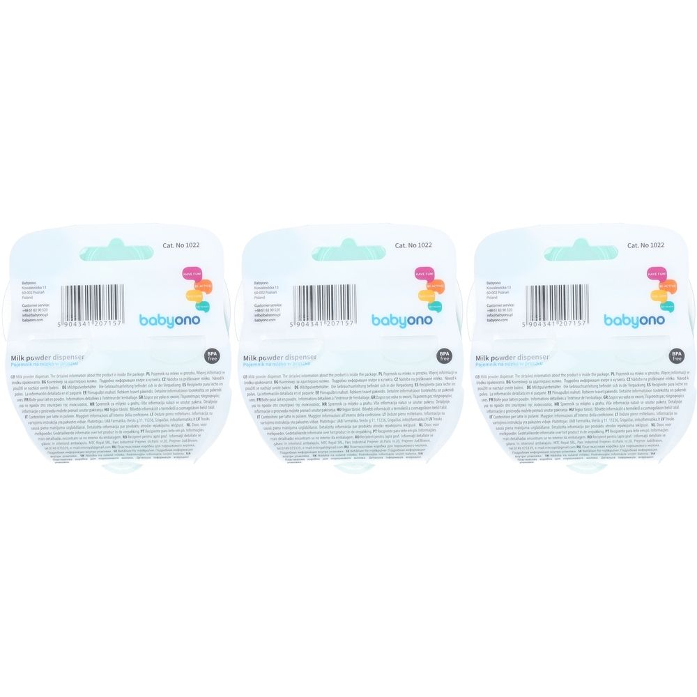Drie Babyono poederdispensers in verpakking. Achterkant met barcode, tekst en logo. Boven: lichtgroene ophanging.