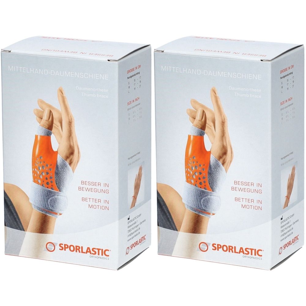 Twee productverpakkingen. Opdruk: duimbrace. Een hand met een orthese wordt getoond. Merk: SPORLASTIC.