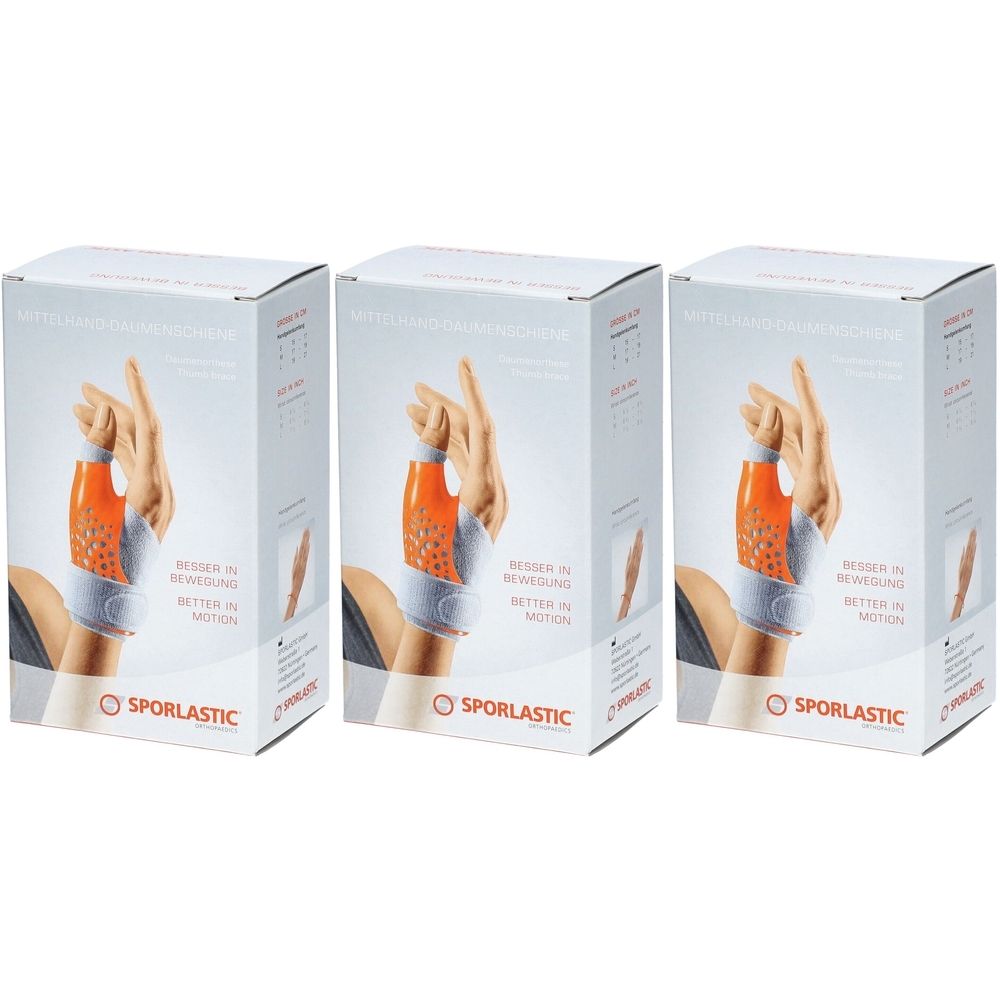 Drie productverpakkingen van de SPORLASTIC duimbrace. De brace is oranje en wit. Op de verpakking staat een hand afgebeeld.